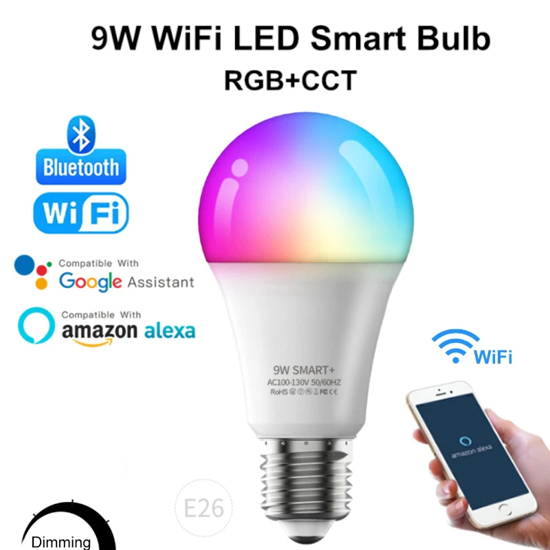 

Умсветильник лампа E26 с Wi-Fi, 9 Вт, светодиодная лампа RGB, работает с Alexa/Google Smart Home, функция RGB + белый с регулируемой яркостью, волшебная лампа, ли...