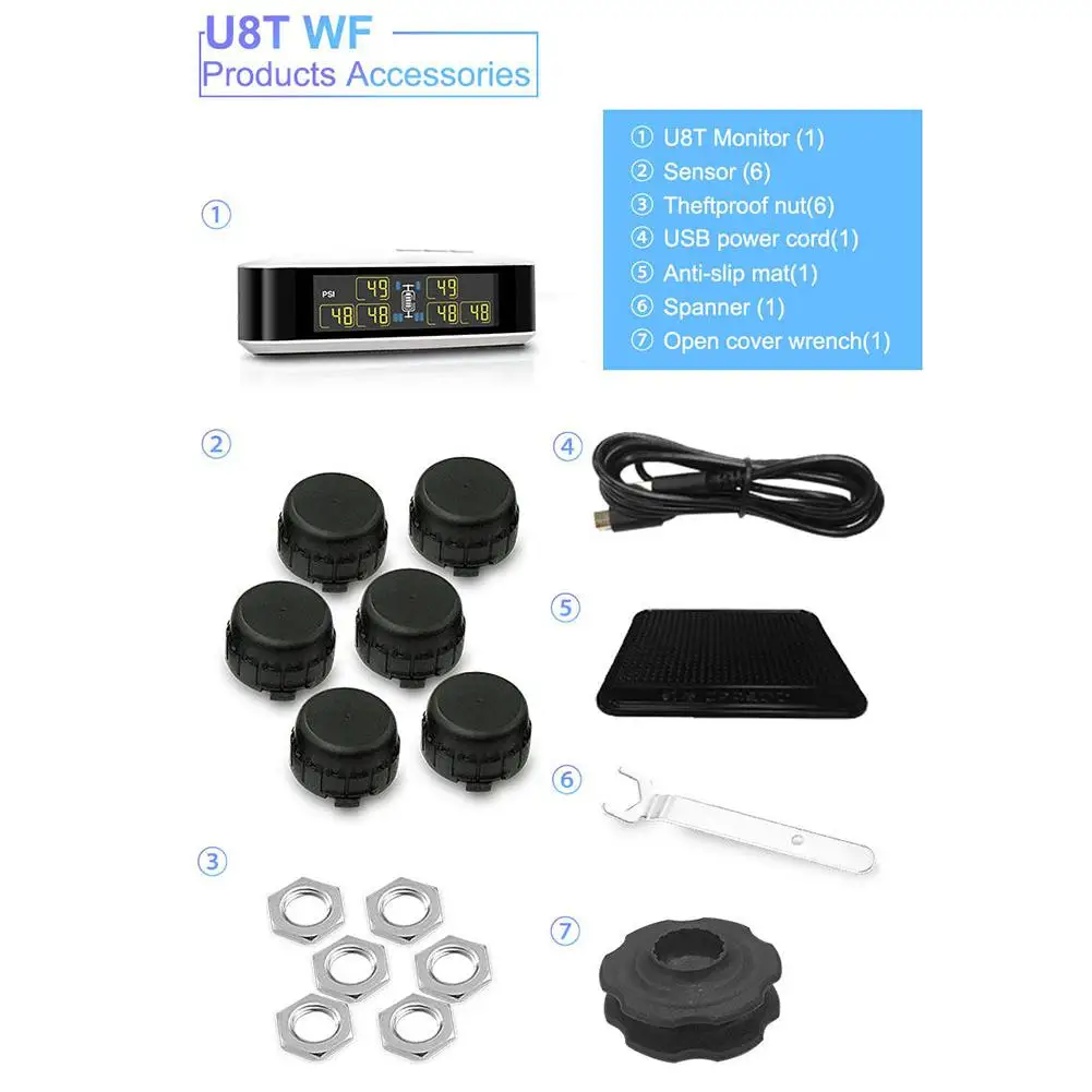 

TPMS U8T Wireless Tire Pressure Monitoring System For Car Pickup Truck Real-time Alarm Pressure And Temperature LCD Display