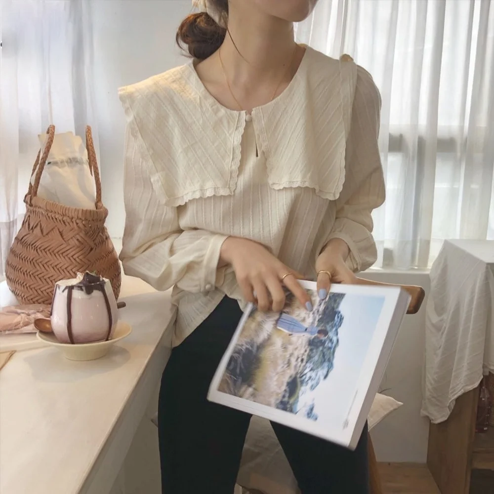 

Cute Womens Tops and Blouses Solid Long Sleeve Blouse Women Fashion Casual Korean Tops Stitching Doll Collar Lace Shirt