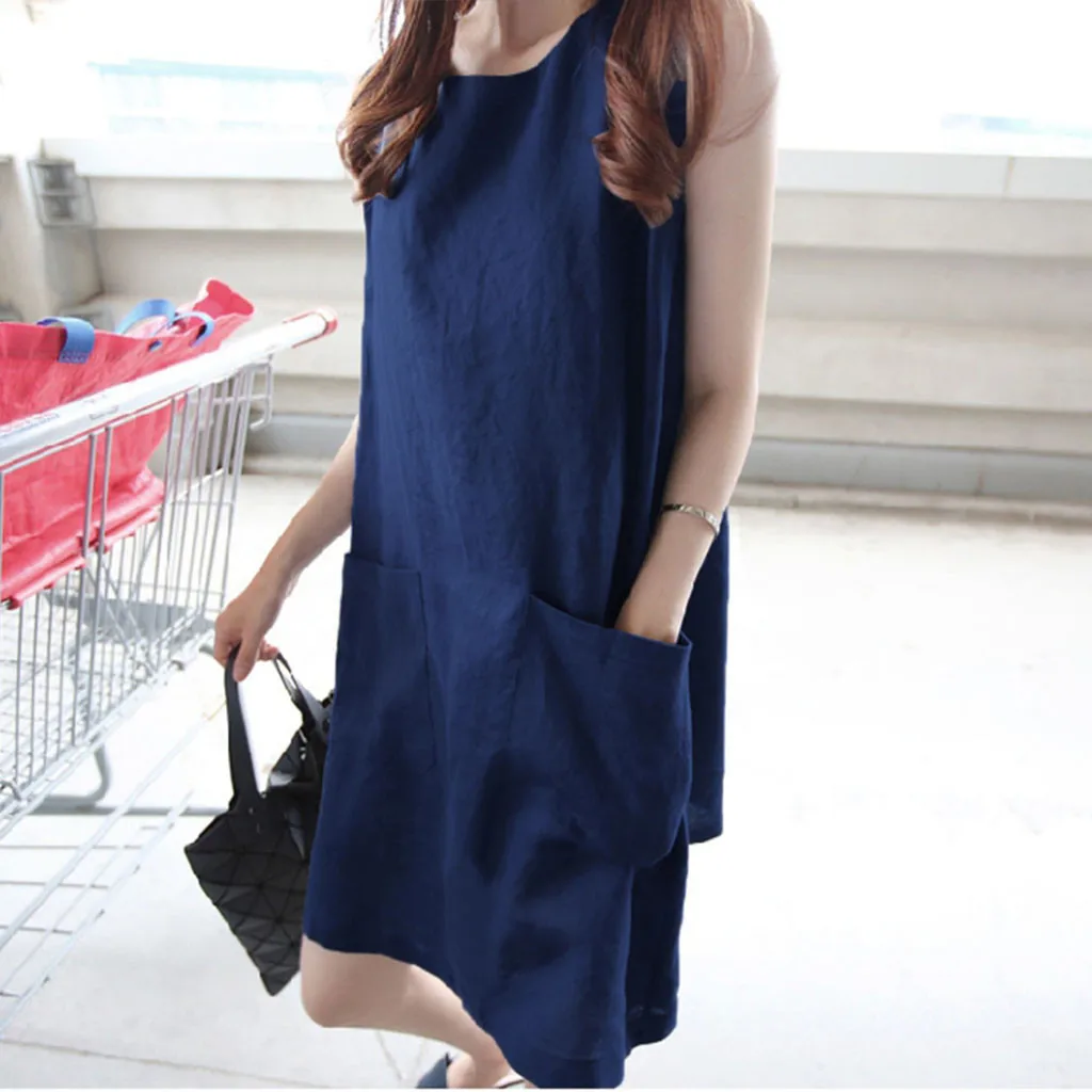 Summer Dress Women Cotton Linen Sleeveless Beach Solid Dress Casual Pocket Loose Dress Female Plus Size Dress Fashion Vestidos