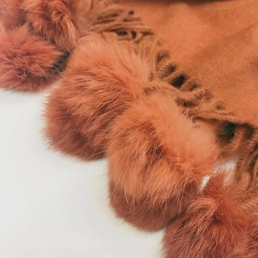 Женский однотонный кашемировый шарф из кроличьего меха с помпонами зимний