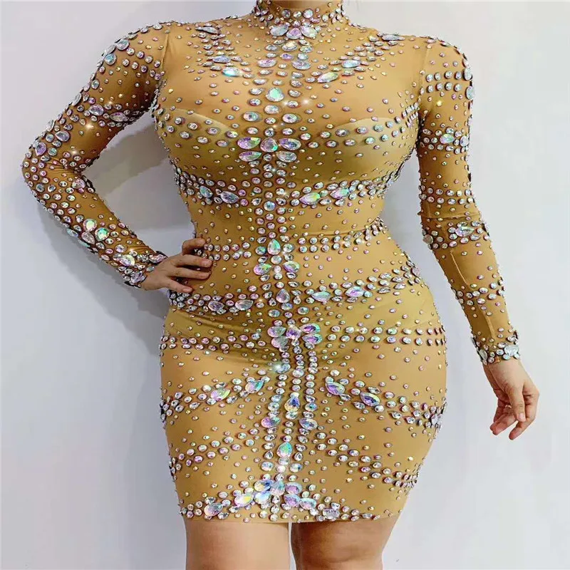 

V2 Singer wear sexy rhinestones dresses elastic mesh long sleeve hip skirt crystal diamonds outfit perform evening dress clothe