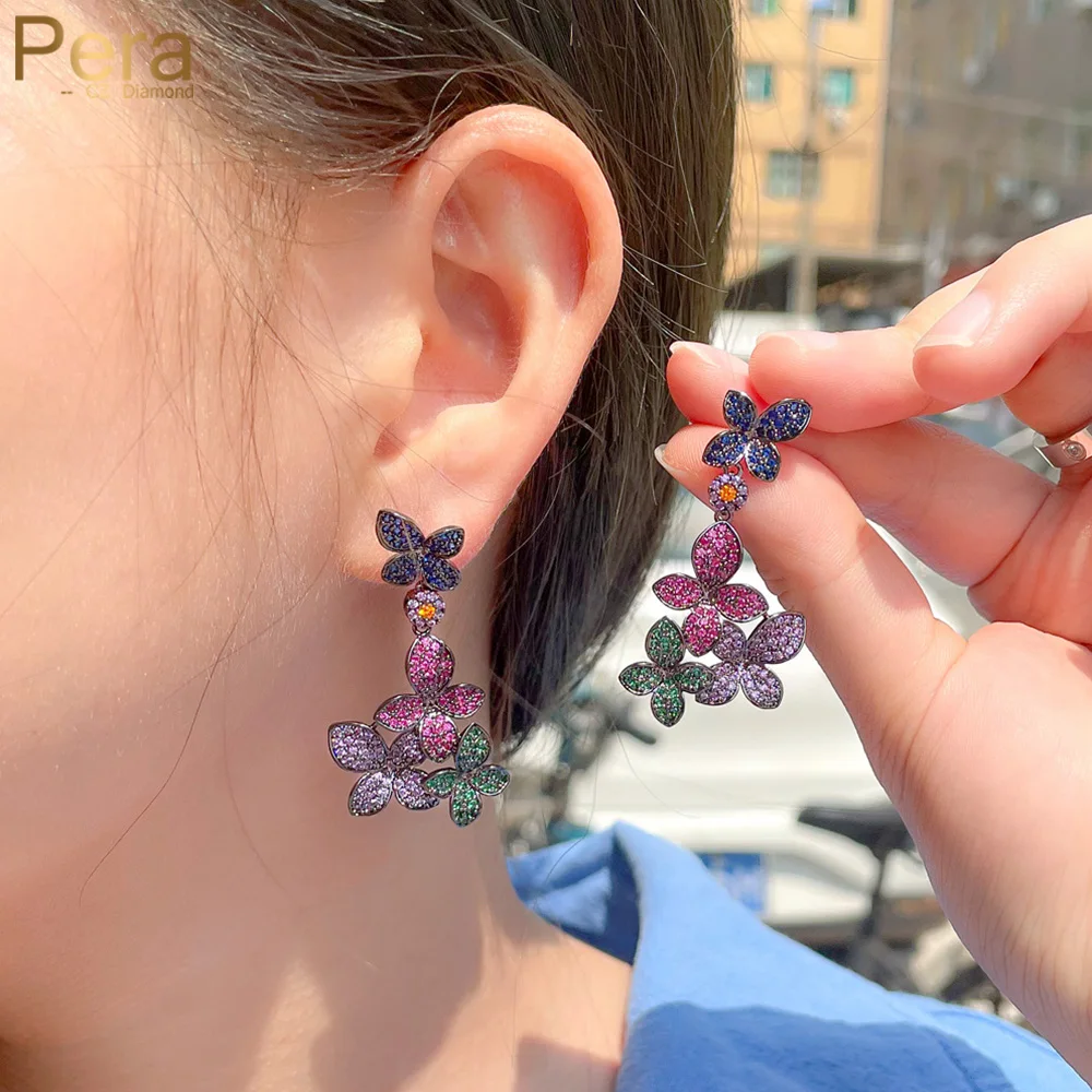 

Pera Beautiful Dangling Colorful Flower Shape Cubic Zirconia Black Gold Long Drop Earrings for Women Boho Wedding Jewelry E828