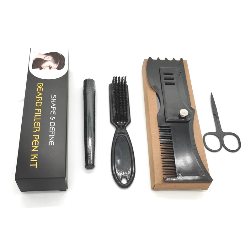 

Waterproof 4 Fork Tips Beard Shaper Shaping Pen Filler Styling Brush Scissors Set for Men Enhance Tool