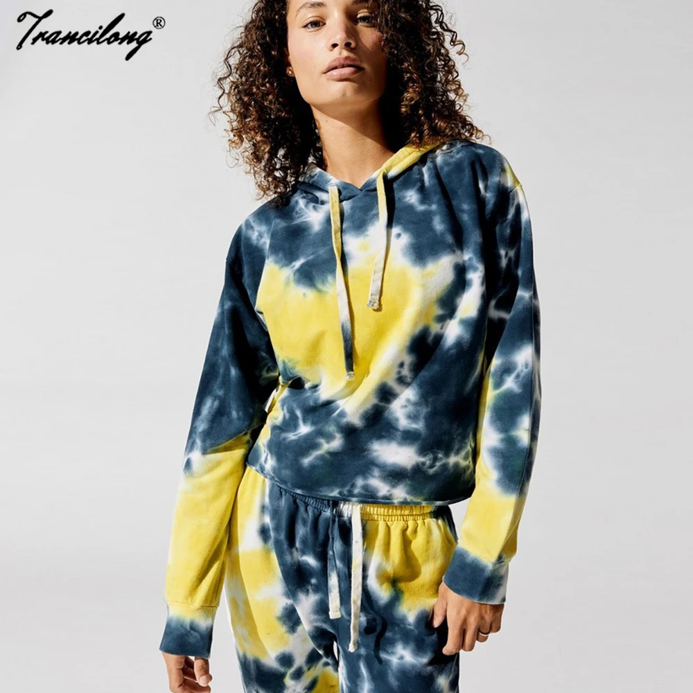 

2021 New Tie Dye Long Sleeve Tracksuit Women Hoodies Home Lounge Wear 2 Piece Set Fitness Sports Pants Suit Dresy Damskie Summer