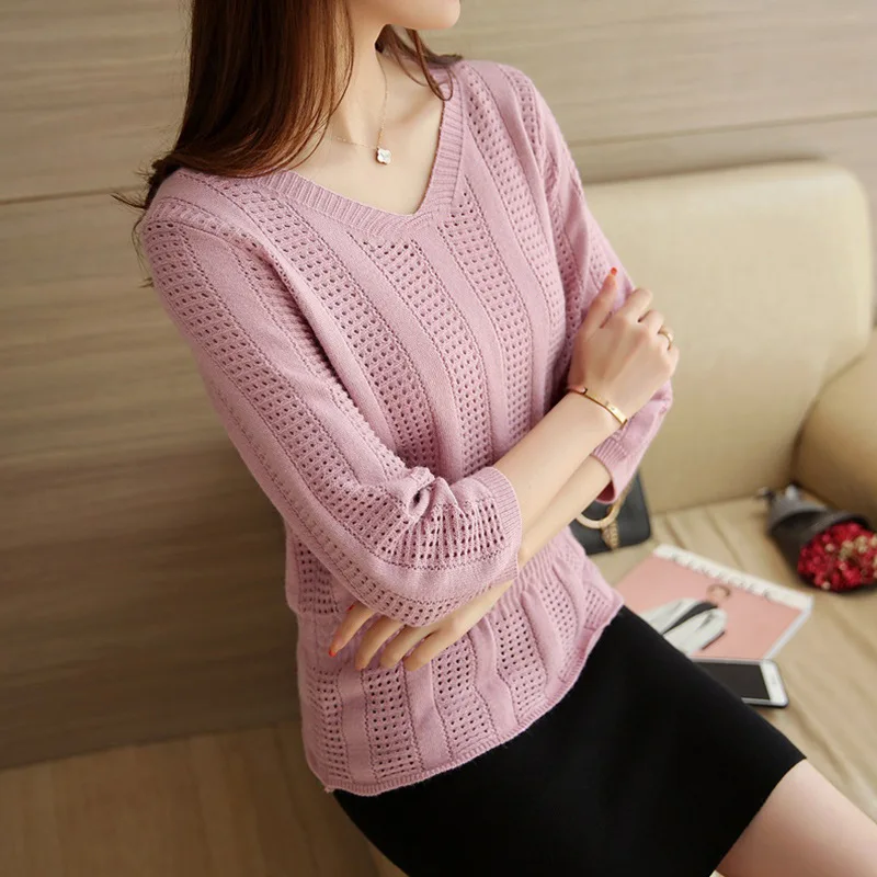 2019 autumn new hollow V-neck sweater women's Korean casual fashion nine-point sleeve thin loose waist bottoming shirt | Женская