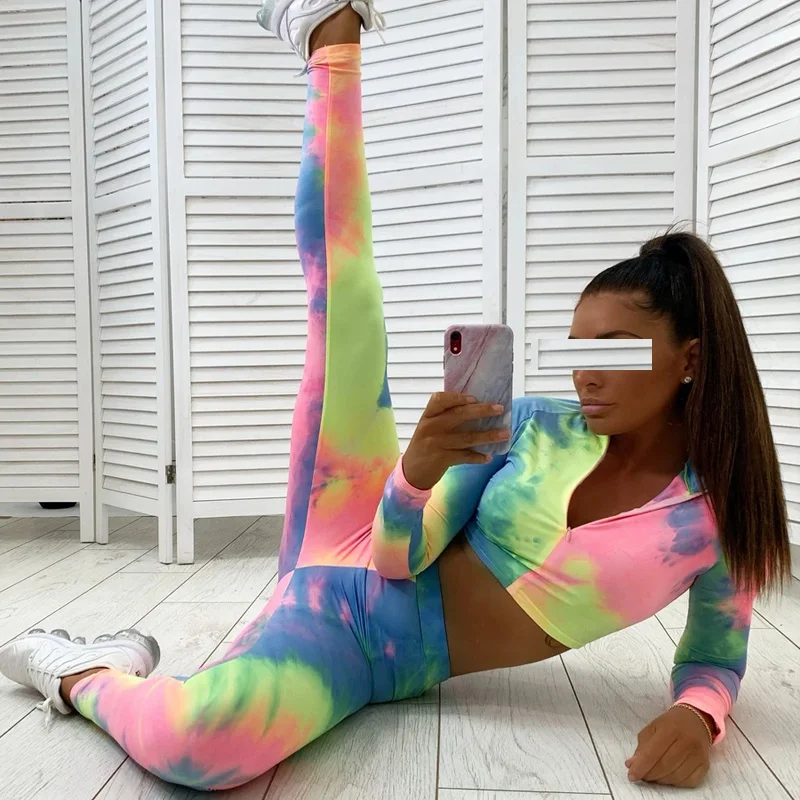 

Women 2PCS Tie-dye Tracksuit Long Sleeve Zipper Collar Crop Top High Waist Skinny Pants Colorful Sport Fitness clothes set