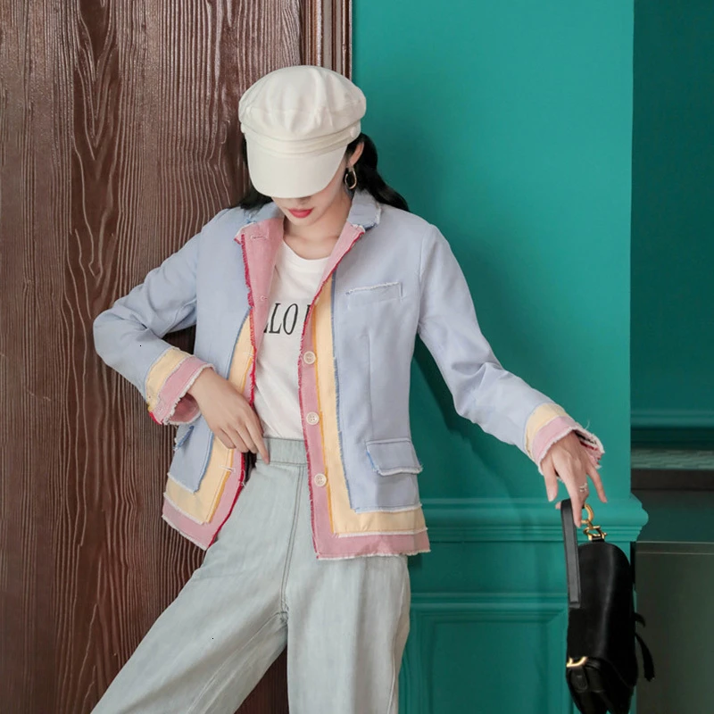 GALCAUR Patchwork Hit Color Women's Blazer Notched Long Sleeve Pockets Korean Female Coats 2019 Autumn Fashion New Clothing | Женская