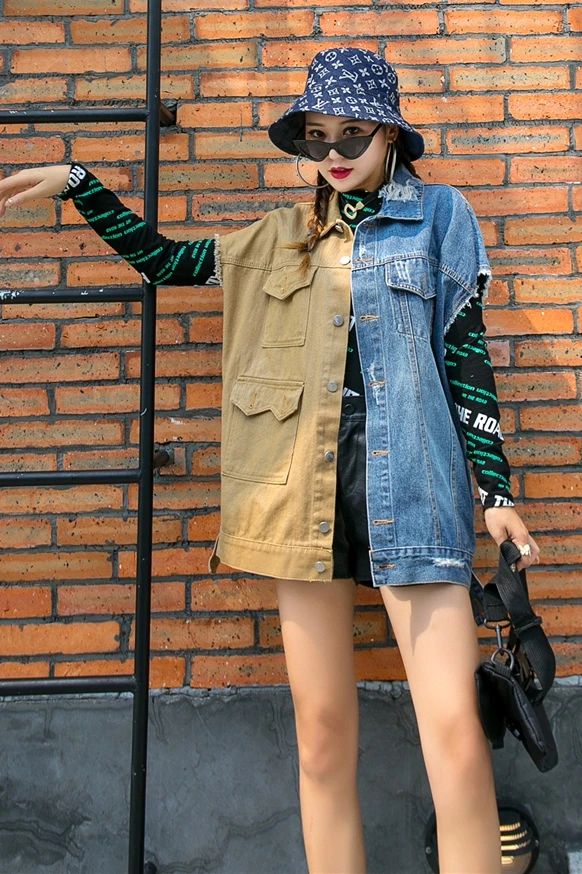 

Thailand tide brand fried street graffiti heavy industry beaded sequin stitching contrast denim vest female sleeveless autumn