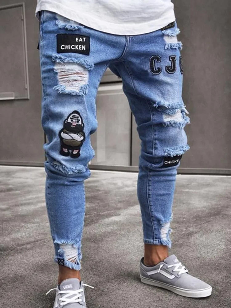 

3 Styles Men Stretchy Ripped Skinny Biker Embroidery Print Jeans Destroyed Hole Taped Slim Fit Denim Scratched High Quality Jean