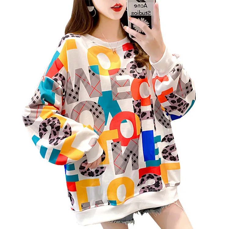 

New Autumn and Winter Cotton Bottoming Round Neck Korean College Wind Hooded Temperament Commuter Orange Printed Women'sSweater