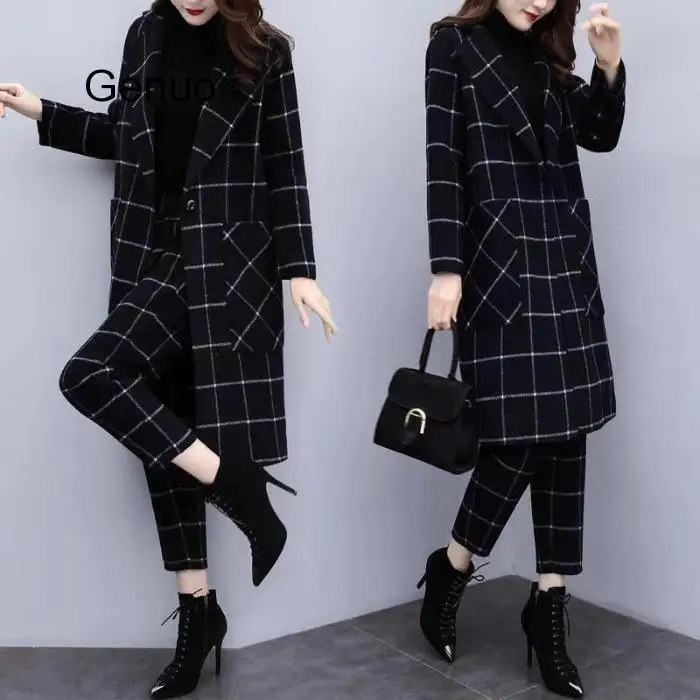 

Женский шерстяной костюм в клетку, черный офисный комплект из двух предметов, длинное пальто и брюки, зима 2020