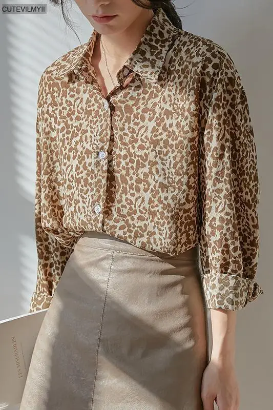

2021 Spring New Fashion Leopard Turn-down Collar Women Shirts Blouses Long Sleeve Loose Elegant Female Tops Blusas