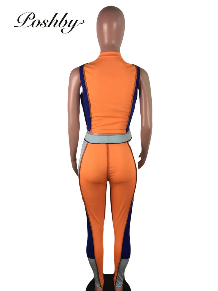 

Poshby Patchwork Contrast Slim Zip 2 Piece Set Sexy Women Sleeveless Short Vest High Waist Stretch Skinny Long Pants Sportswear