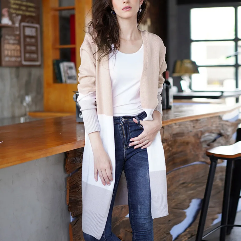 Autumn Women Sweater Striped Cardigan Cashmere Draped Loose Long Casual Knit Coat |