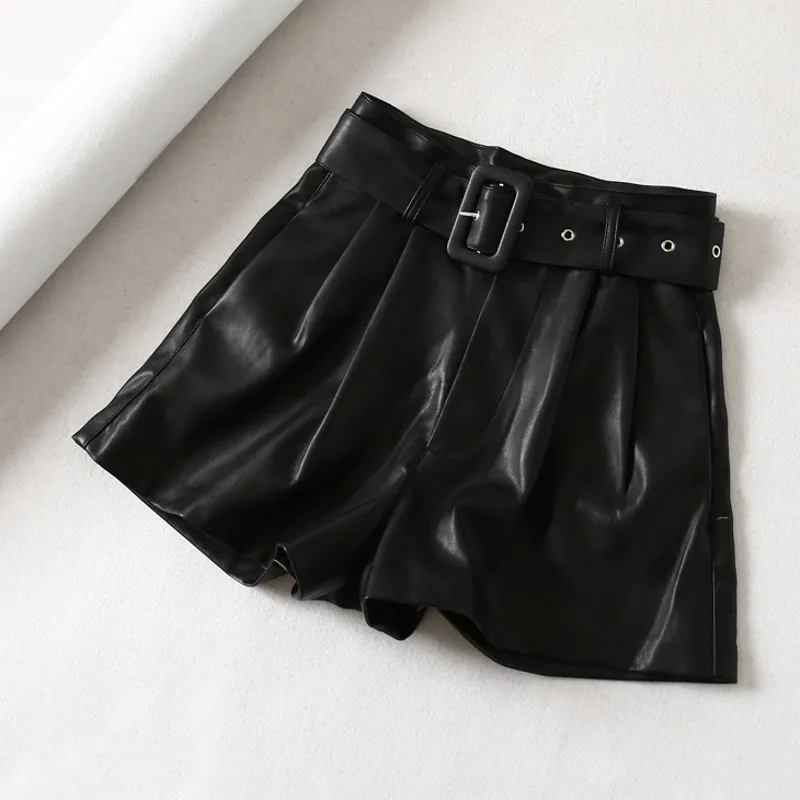 Женские черные 2019 из искусственной кожи с высокой талией поясом широкие шорты