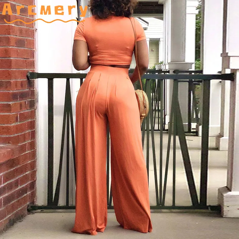 

2 Pieces Sets Women Short Sleeve Solid T-shirt & High Waist Wide Leg Pants Casual Comfort Lounge Wear