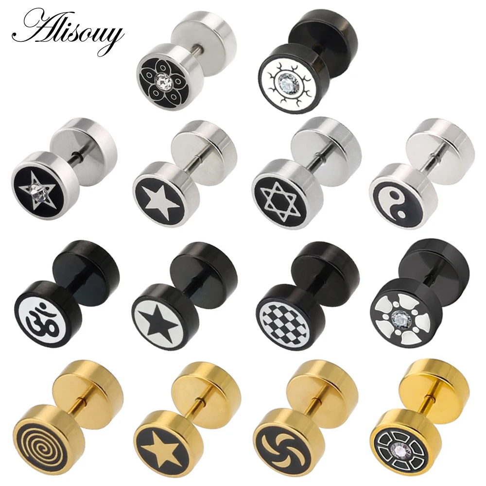 

Alisouy 2pcs Gold Color Barbell Stainless Steel Men Earrings Punk Piercing Ear Stud Women Jewelry Best Earing For Friend