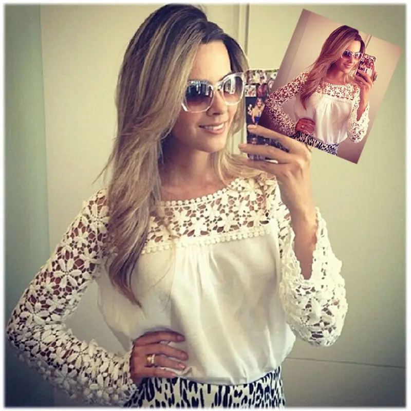 

Women Blouses New arrival Sexy Summer O-Neck Short Sleeves Lace Hollow Out Cute Casual ladies tops Blouse Chemise Femme