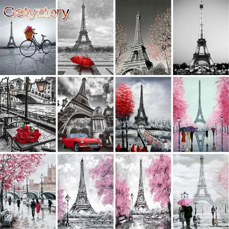 

GATYZTORY Rose and Iron Tower Painting By Numbers Landscape HandPainted Oil Painting Canvas Colouring Home Decor Gift 60×75cm