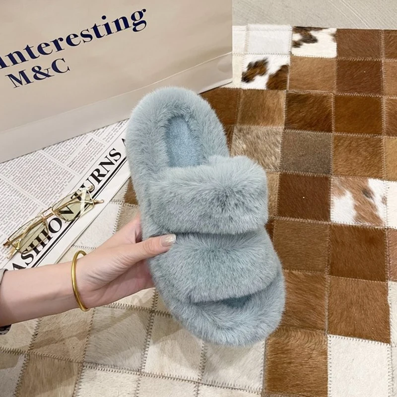 

Women's Faux Fur Slides Comfortable Winter Shoes Thick Flat Heel Fluffy Slippers2022The New