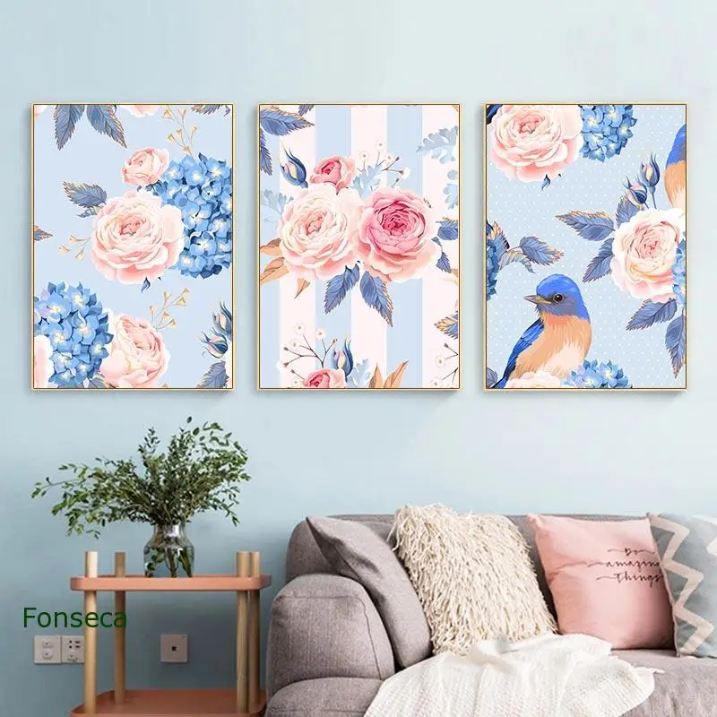 Картина на холсте с акварелью цветами птицами постер фиолетовыми и розовыми