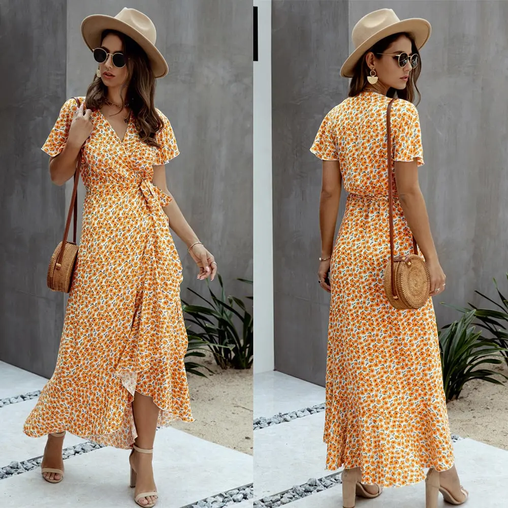 

Summer Long Dress Female Polka Dot Sexy V-neck Ruffle Short-sleeved Beach Vacation Summer Dress Ladies Lace Wrap Party Dress