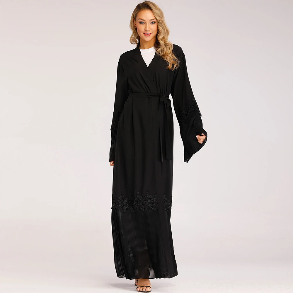 Женское длинное мусульманское платье Абая для женщин, Хиджаб Jilbab Khimar Caftan, марокканский исламский кардиган, черный халат с плиссированными р...