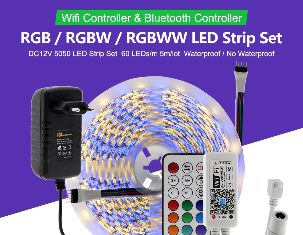 Wifi/Bluetooth RGB RGBW набор светодиодных лент DC12V Светодиодная лента 5050 5 м 300 светодиодный s+ wifi/Bluetooth контроллер+ адаптер питания