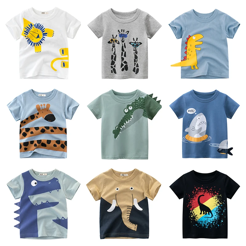 Футболка для мальчиков, хлопок, с мультяшными животными, для маленьких мальчиков и девочек, футболка с принтом акулы, летняя одежда, топы с п...
