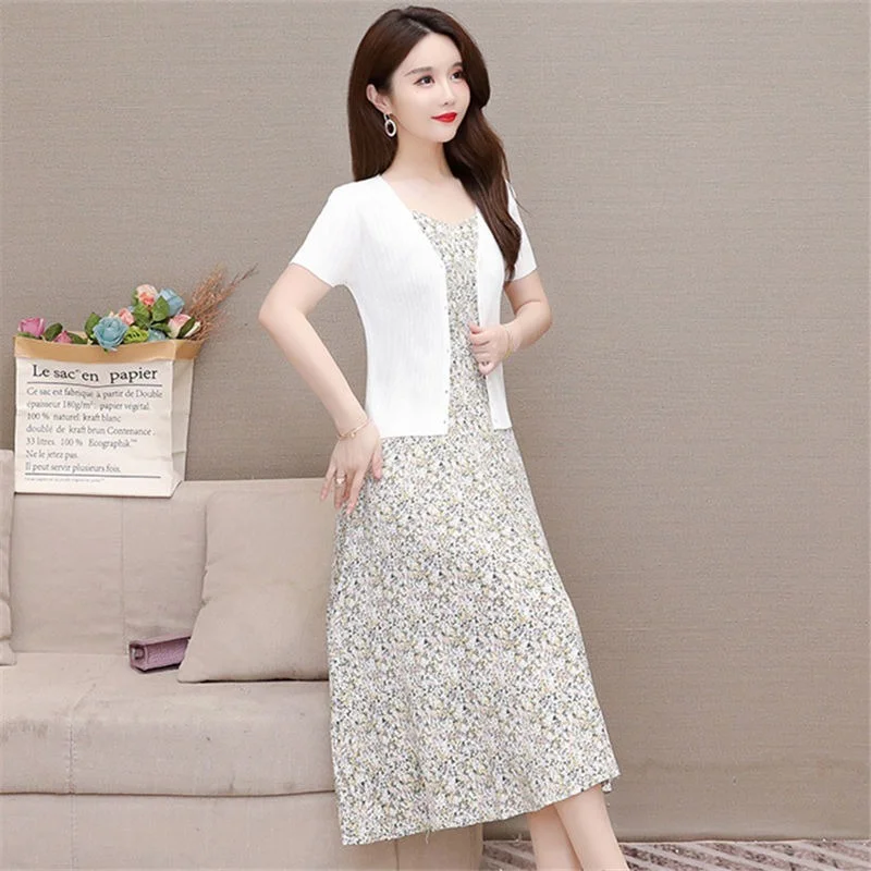 

2021 Summer Women Fashion Short Sleeve White Shirt and Chiffon Floral Print Dress Suit Plus Size Casual Two Piece Sets X40