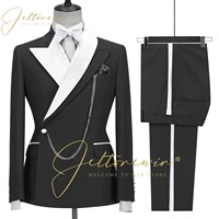 jeltonewin black men suits double breasted groom terno masculino smoking white lapel slim fit men wedding suits party tuxedos