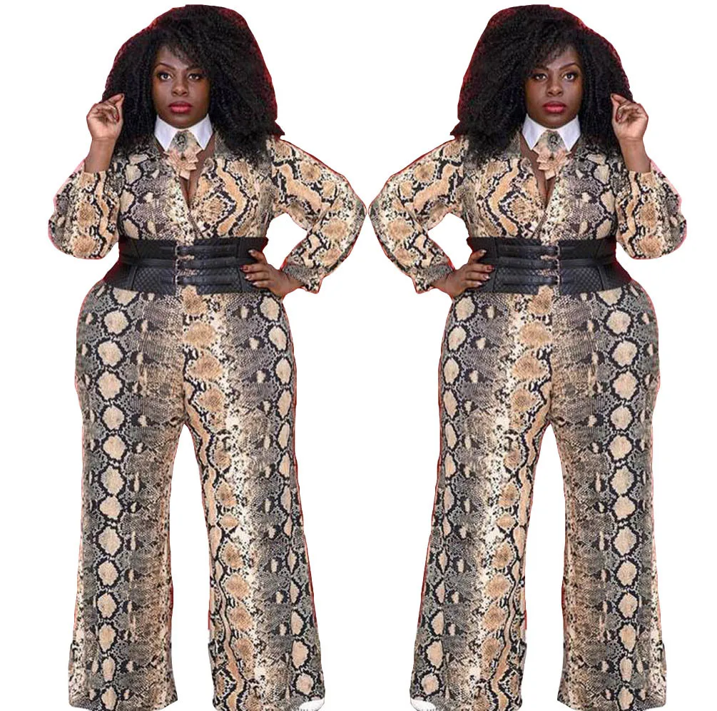 

2020 Newon Spring Serpentine Print Straight Long Jumpsuit Plus Size Casual Women Deep V Neck Long Sleeve Romper Overalls