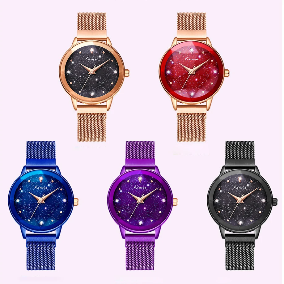 

No.2 Brand Luxury Ladies Magnet Suction Clasp Watch For Women Crystal Star Dial Dress Watches Stainless steel Mesh Belt Watch