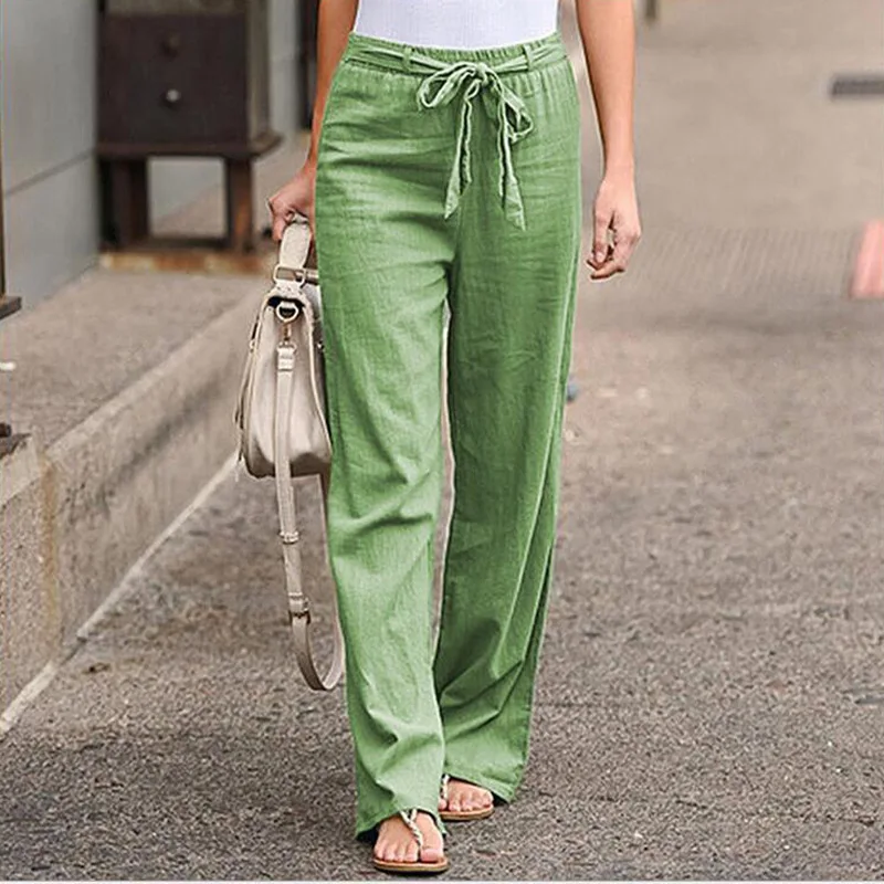 

Long Straight Pants Harajuku High Waist With Belt 2021 Women's Pants Casual Solid Color Cotton Linen Wide Leg Pants Trousers