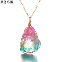 fashion rose quartz natural stone crystal pendant necklace irregular raw stone copper wire braided rope pop necklace women colar
