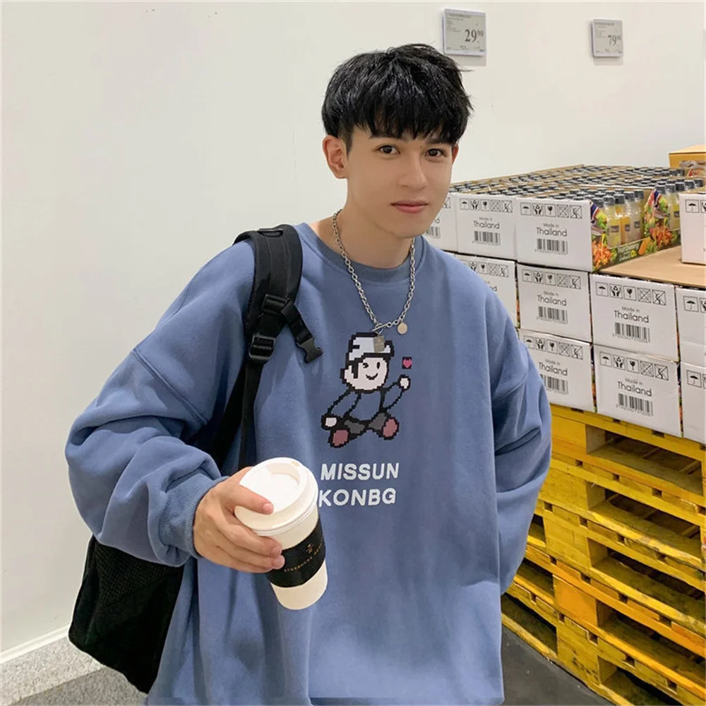 

Men's Autumn Spring Loose Blue Orange Cartoon Printed Lovely Casual Hoodies Couple Oversized New Sweatshirt Kpop Man Tops