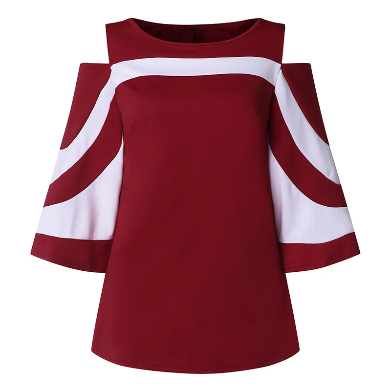 

Celmia Women Sexy Off Shoulder Blouse Fashion Colorblock Top Ladies Vintage 3/4 Sleeve Tunic Casual Blusa Office Shirt Plus Size