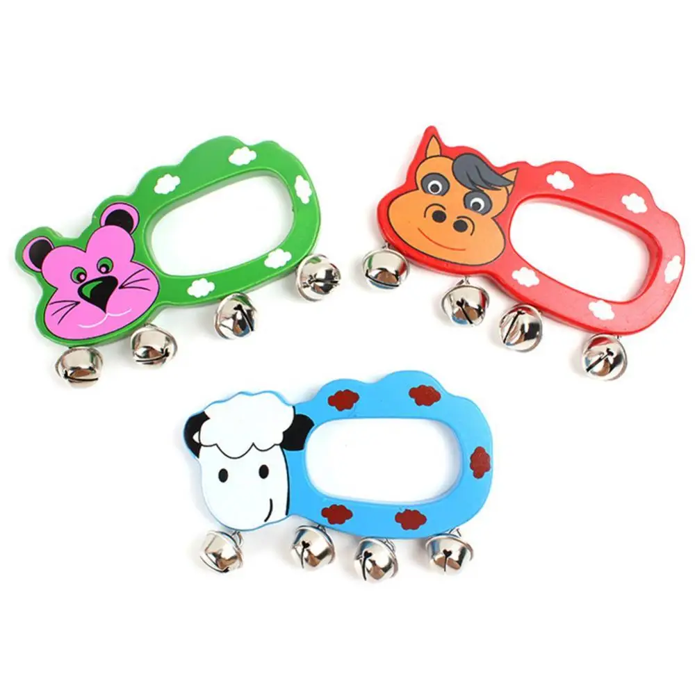 

60% Hot Sale Cartoon Animal Wooden Hand Shaking Jingle Bell Tambourine Educational Kids Toy Baby Rattles Gifts