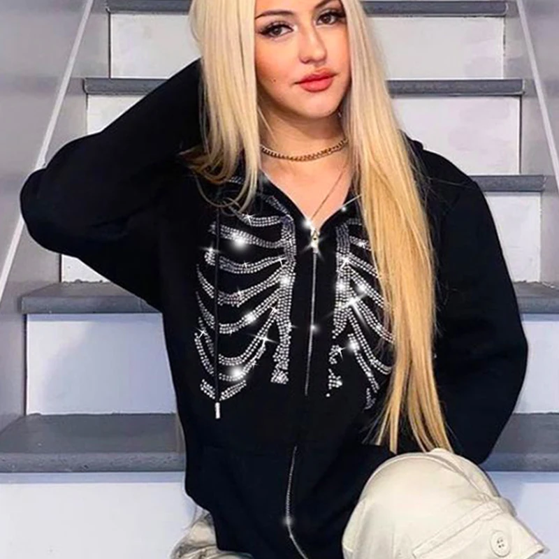 Y2K Стразы куртки со скелетом Женская Осенняя верхняя одежда на молнии готические