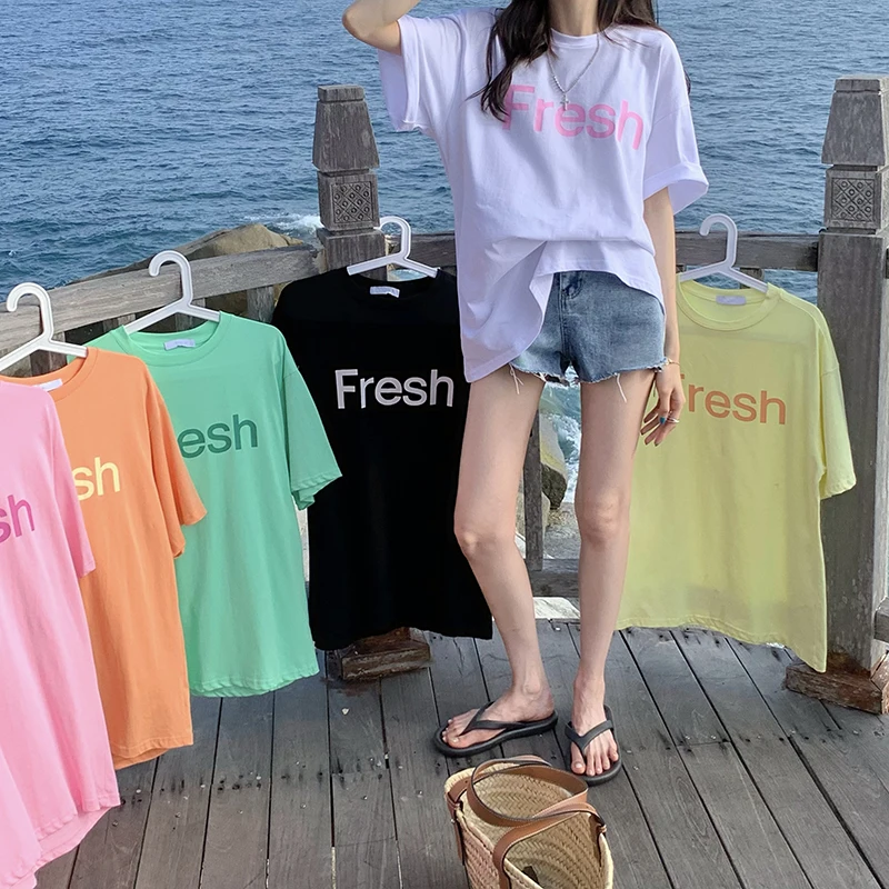 

6Colors 2021 Summer korean style Letter print Short Sleeve t-shirt Womens Loose tops Tees shirt femme (W63839)