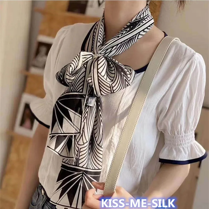 

KMS LATEST NEW Black Beige Silk Scarf Long Crepe de chine mulberry-silk narrow long scarf ribbon for women 13*145CM/40G