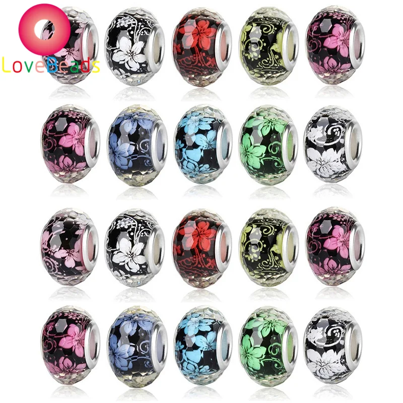 

10Pcs Mixed Color Faceted Resin Flower Round Rondelle Large Hole Spacer Beads Fit Pandora Bracelet Snake Chain Necklace Jewelry