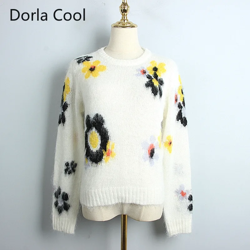 New European Women Knitted Loose Sweaters Flowers Printed O-neck Autumn Winter Lady's Street Wear Casual Tops Sweet Pullovers