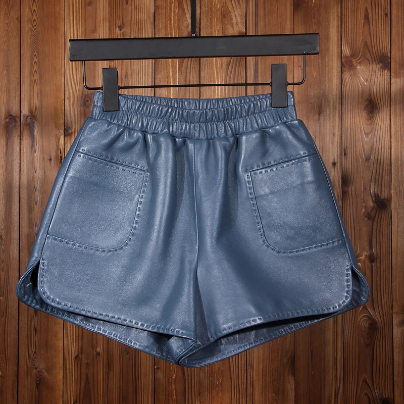 Lady Genuine Leather Shorts Elastic High Waist Loose Korean Side Split A-Line Wide Leg Sheepskin Shorts Spring Autumn Women