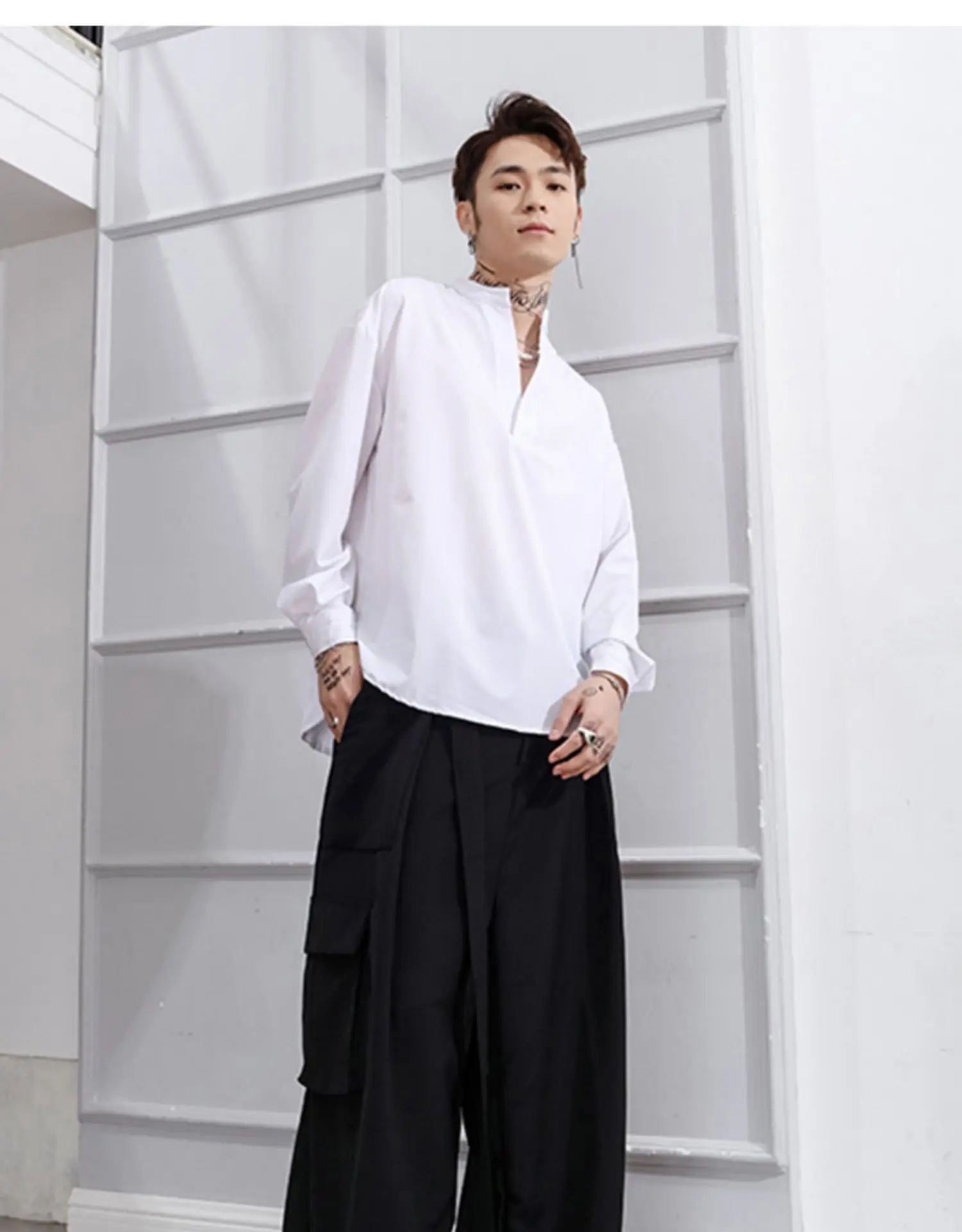 Dark black men's overalls design sense minority pants skirt floor loose Japanese retro wide leg pants cargos for men