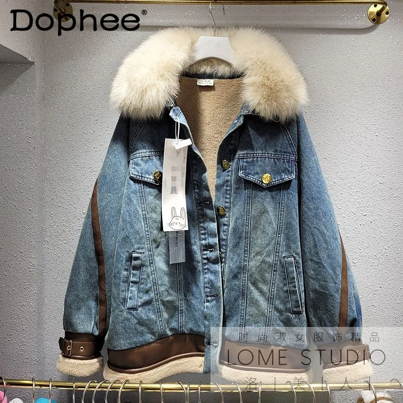 

Thick Lamb Wool Stitching Leather Big Fox Fur Collar Denim Jacket Women Loose Casual Fleece-Lined Jean Jacket New Winter Clothes