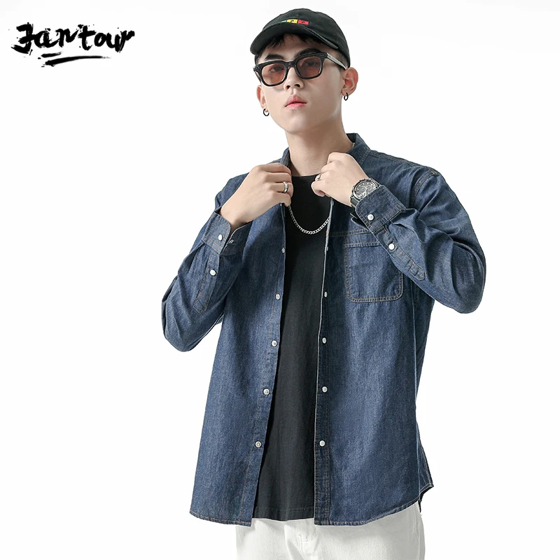 Мужская джинсовая рубашка с длинным рукавом голубая Повседневная отложным