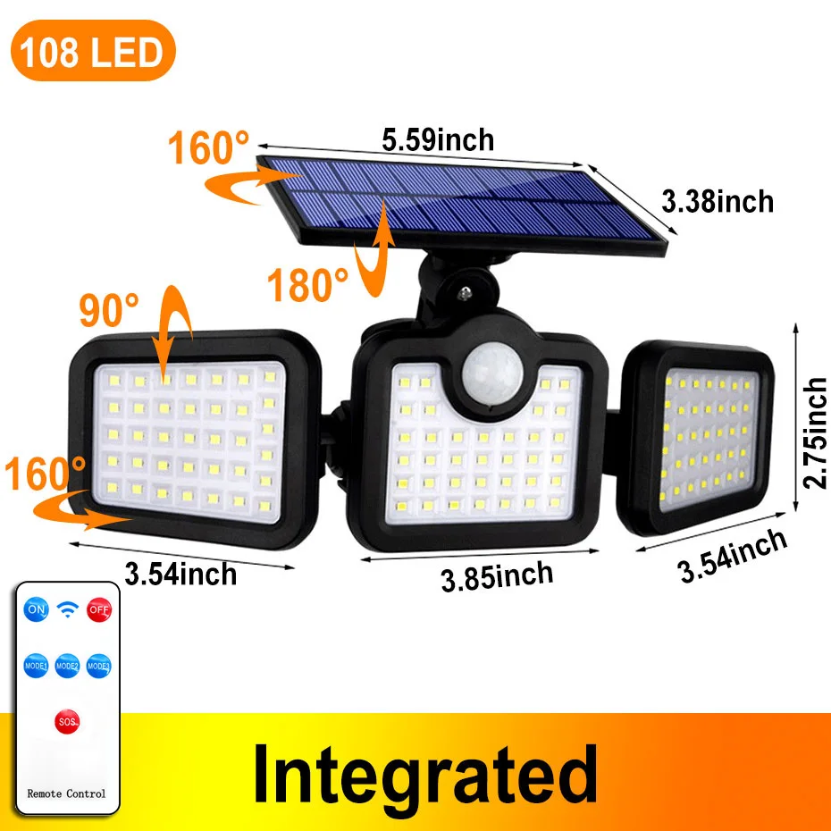 

Solar Light 3 Head Adjustable Powered Lamp Spotlight PIR Motion Sensor Wall Lighting Waterproof Remote Control For Garage Garden