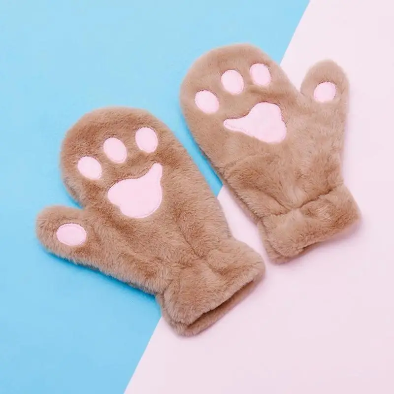 Женские зимние плюшевые перчатки с медведем кошачьими лапами и когтями милые